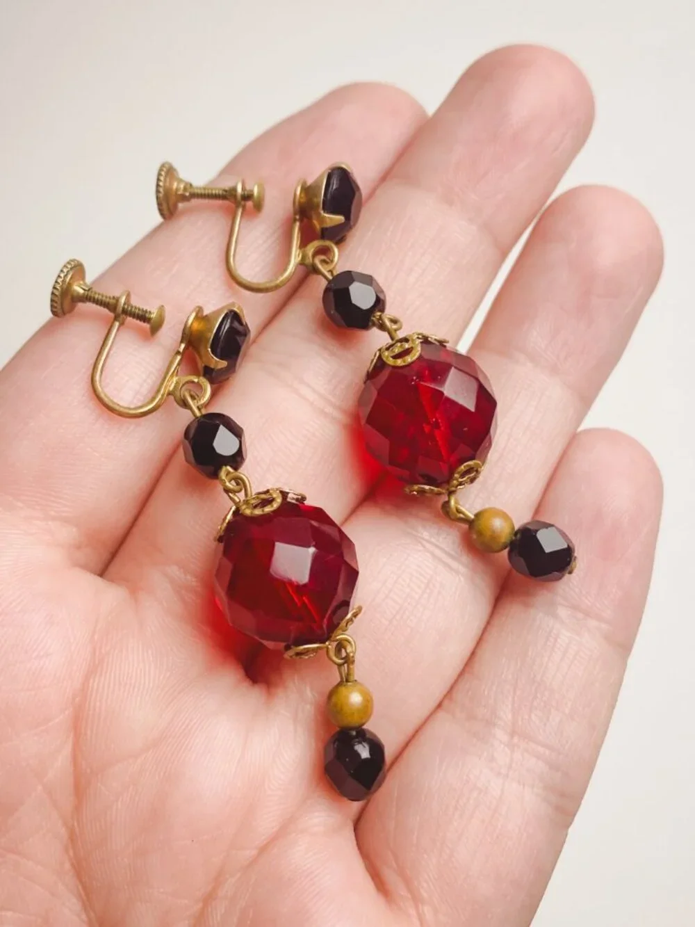 Vintage Screwback Red Crystal Glass Jewel Victorian Style Brass Drop Earrings